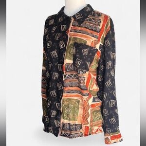 Vintage 90’s black and multi-coloured abstract print button-up women’s medium